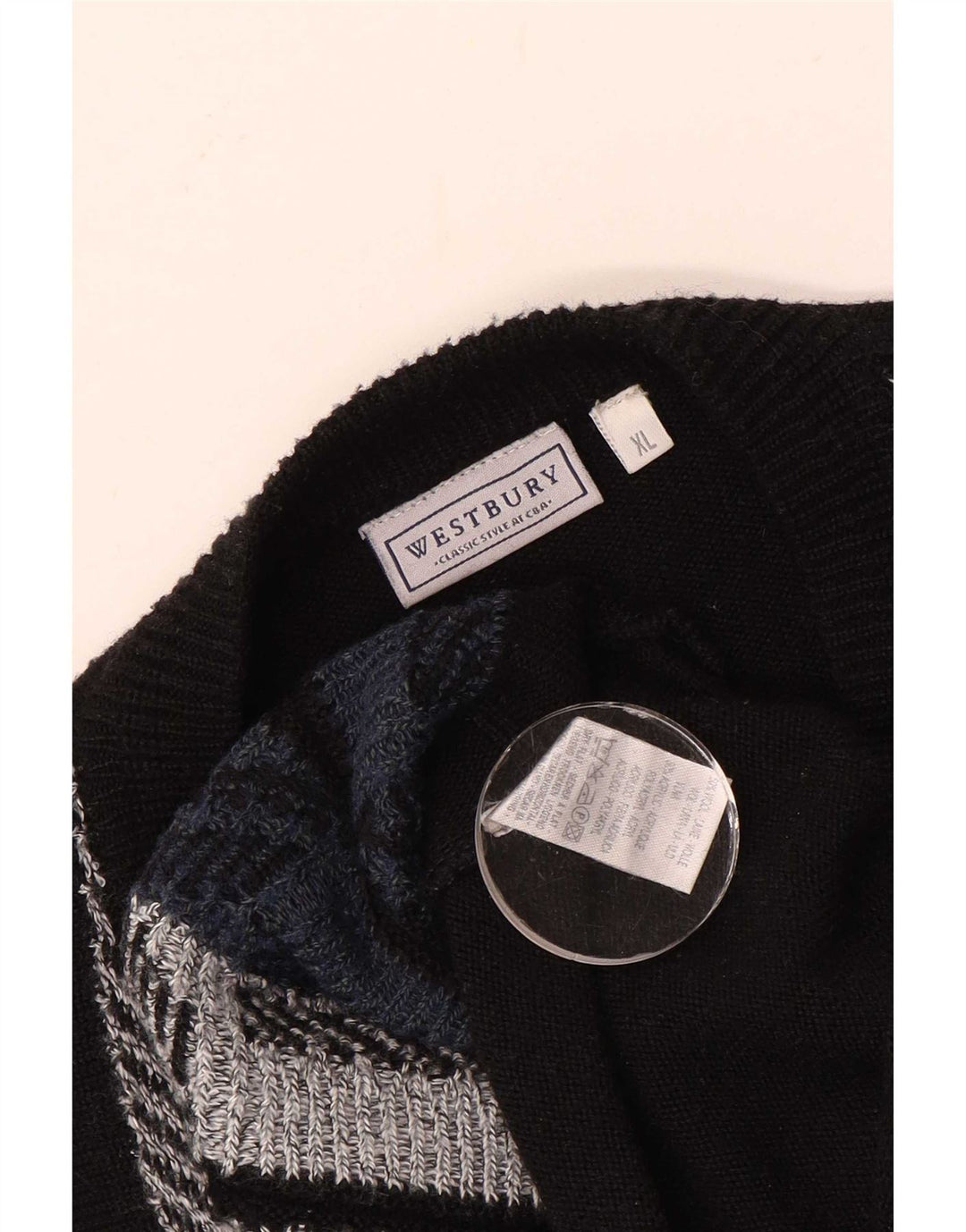 WESTBURY Herre V-hals sweater XL Sort geometrisk uld