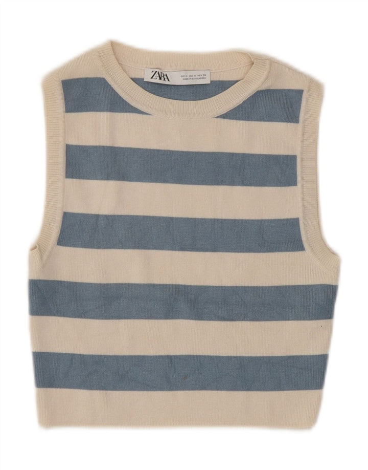 Zara Womens Crop Top UK 12 Medium Beige Stribet Viscose
