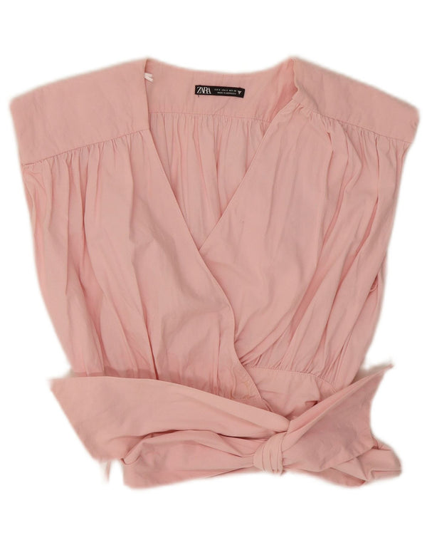 Zara Womens Sleeveless Wrap Crop Top UK 10 Small Pink Bomuld