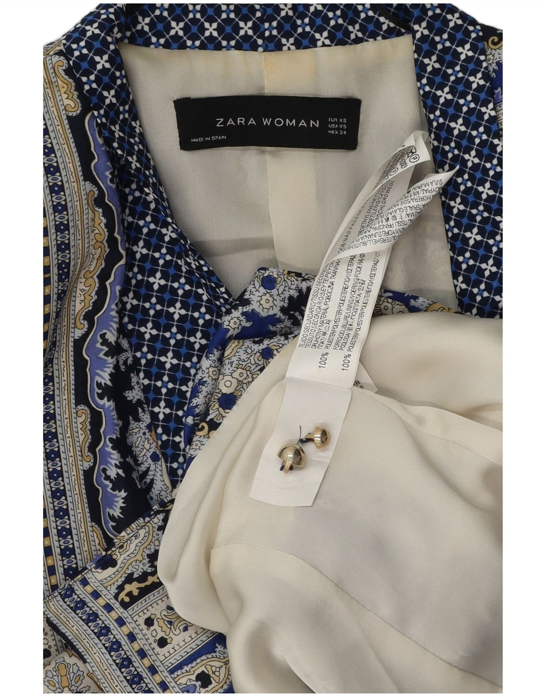 ZARA Womens Double Breasted Blazer Jacket UK 6 XS Navy Blue Paisley