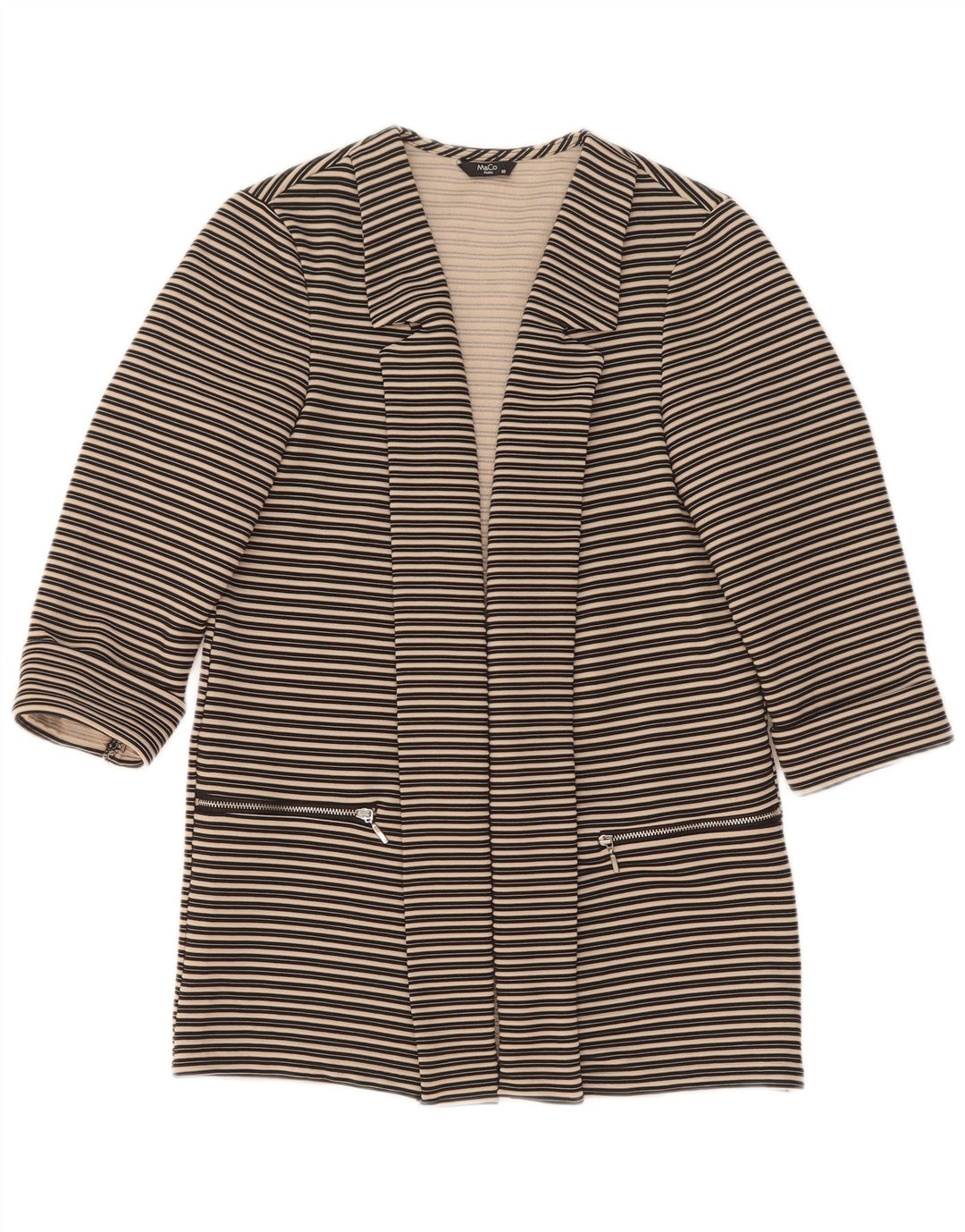 M&Co Womens Petite 3/4-ærmet åben blazerjakke UK 10 Lille sort stribet