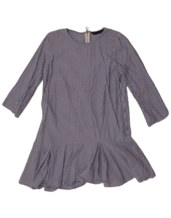 Zara Dame 3/4 ærmer Drop Waist Dress UK 14 Medium Blue Nålestribet Bomuld