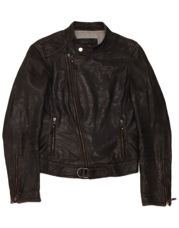 Massimo Dutti Womens Biker Leather Jacket UK 10 Small Black