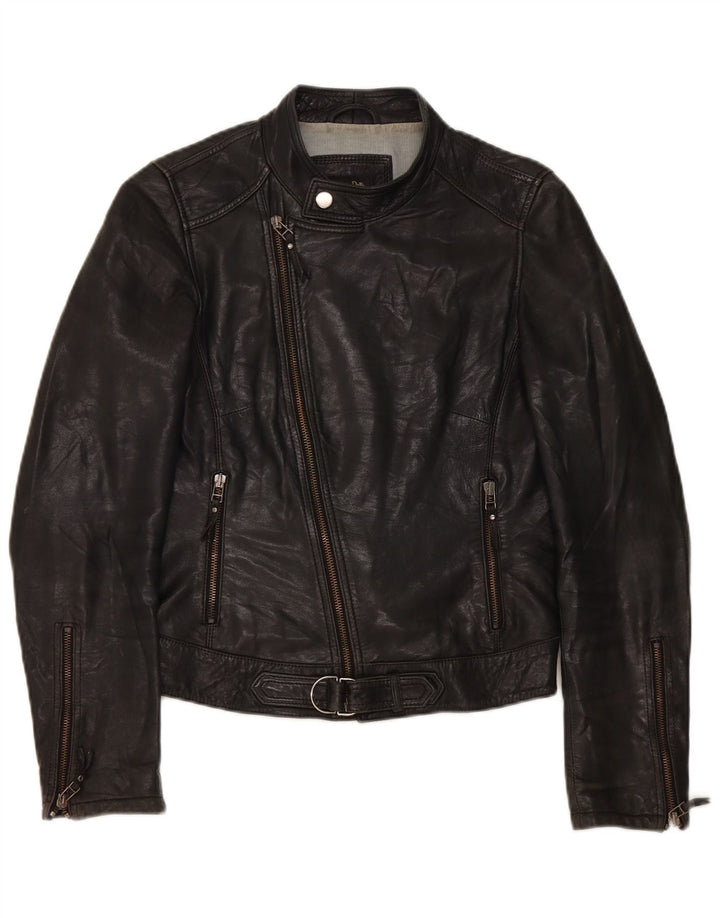 Massimo Dutti Dame Biker Læderjakke UK 10 Lille Sort