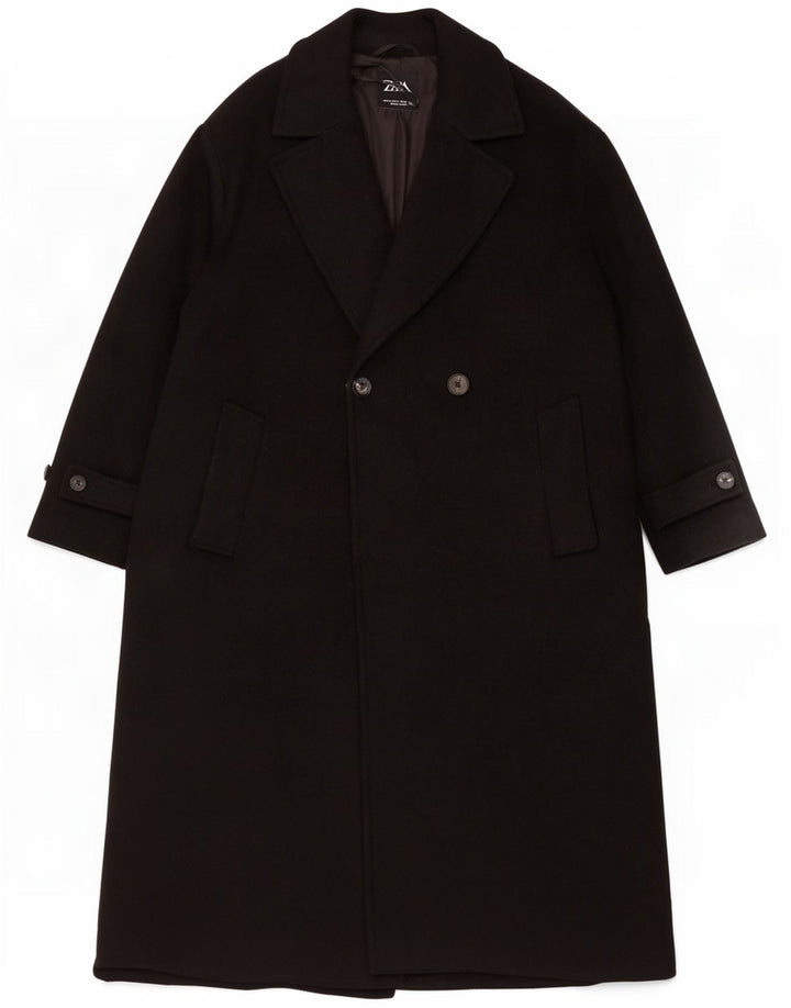 Zara Dame Dobbeltradet Frakke UK 14 Medium Sort Polyester