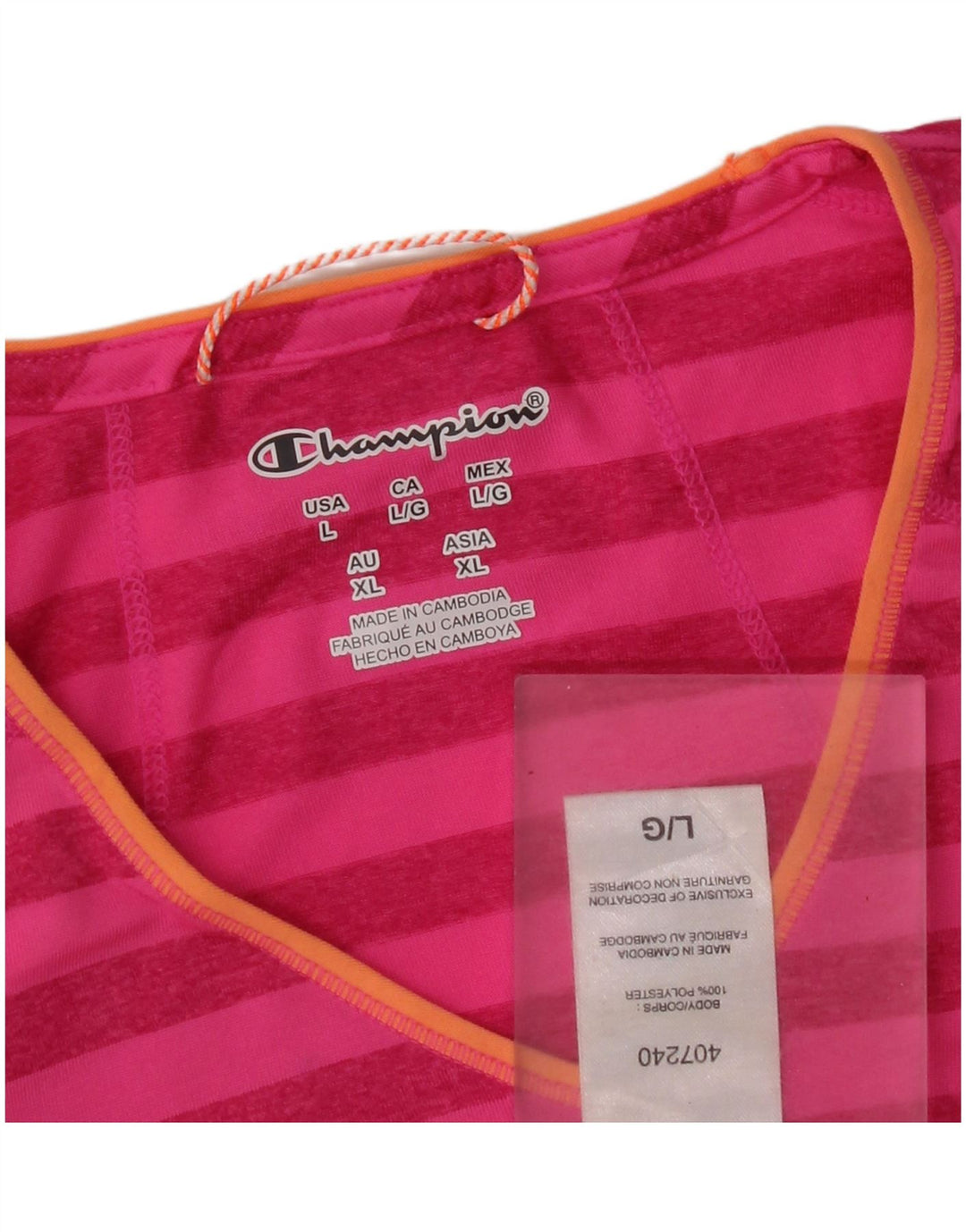 Champion Dame T-Shirt Top UK 16 Large Pink Stribet Polyester