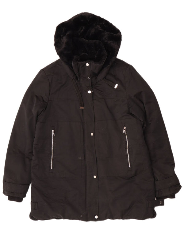 Zara Dame Hooded Parka Jacket UK 14 Medium Sort Bomuld