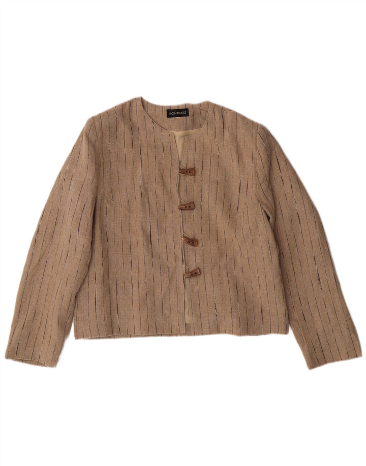 VINTAGE Dame 4-knaps blazerjakke UK 14 Medium beige stribet hør