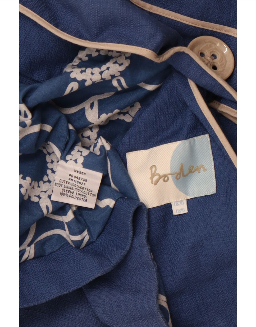 BODEN Womens Overcoat UK 20 2XL Blue Cotton