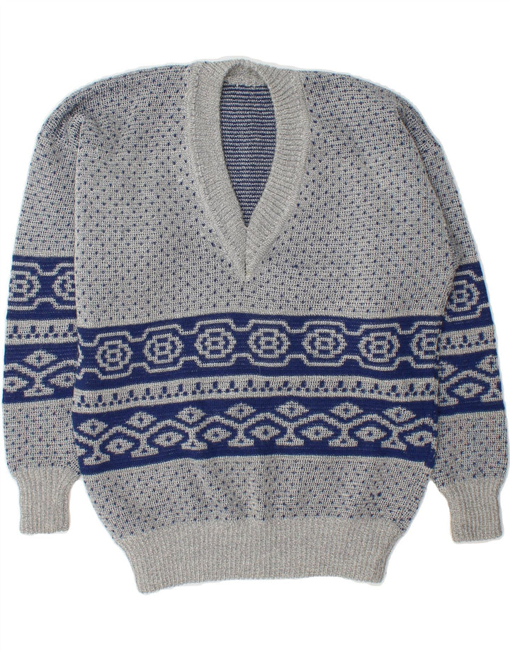 VINTAGE Mens V-Neck Jumper Sweater XS Grey Fair Isle Vintage Vintage and Second-Hand Vintage from Messina Hembry 