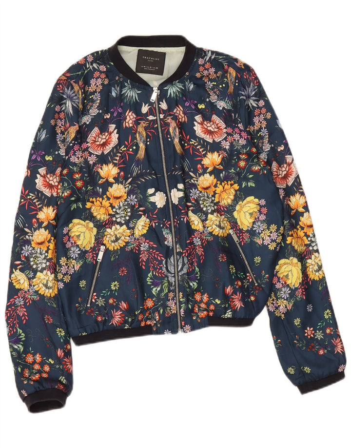 Zara Dame Trafaluc Graphic Bomber Jacket UK 14 Medium Navy Blue Floral