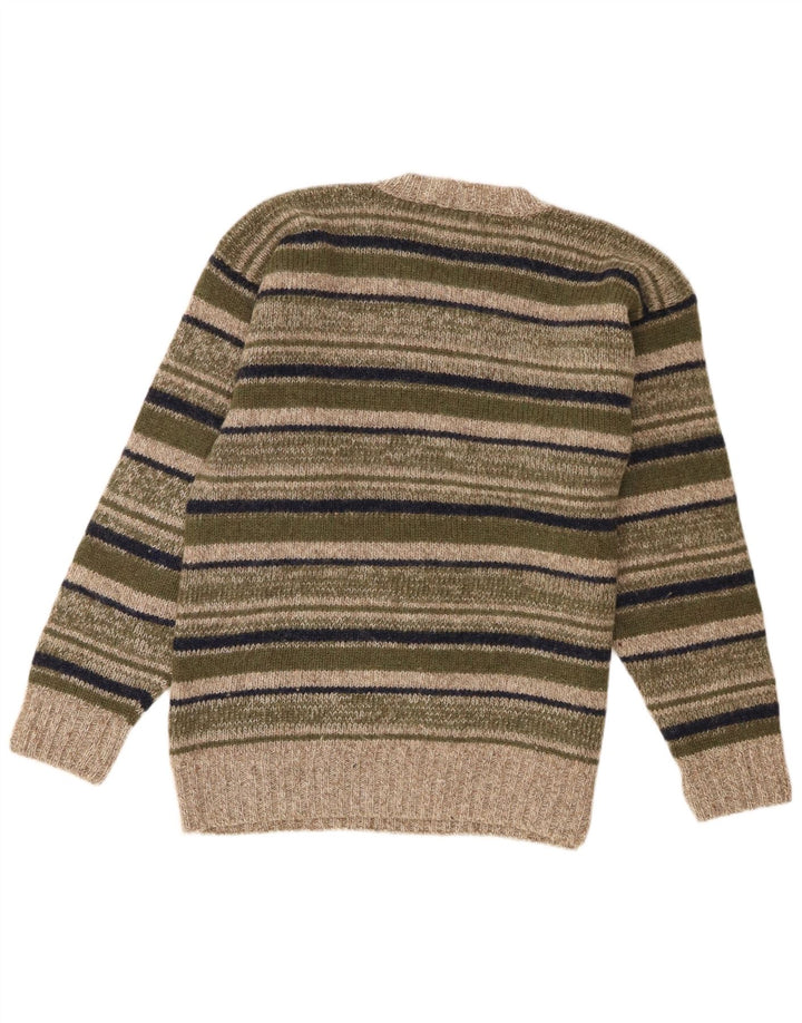 Vintage herre V-hals sweater stor kaki stribet uld