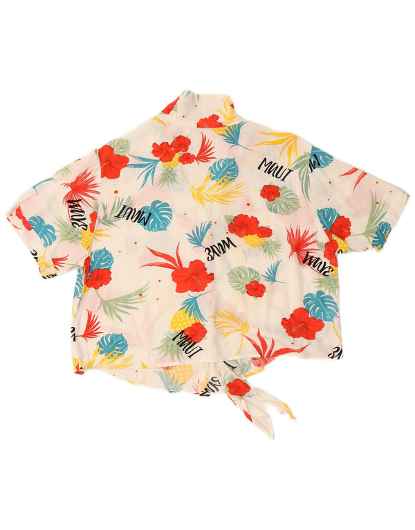 VINTAGE Womens Crop Front Tie Shirt Bluse UK 16 Large White Floral