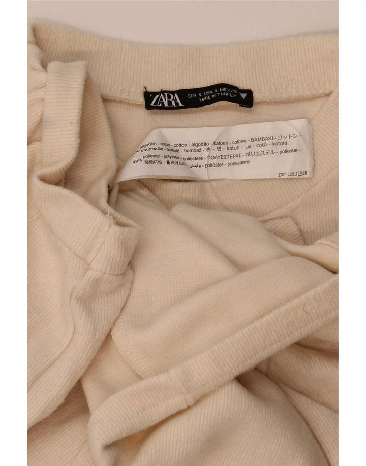 Zara Womens Crop Bluse Top UK 10 Small Beige Bomuld