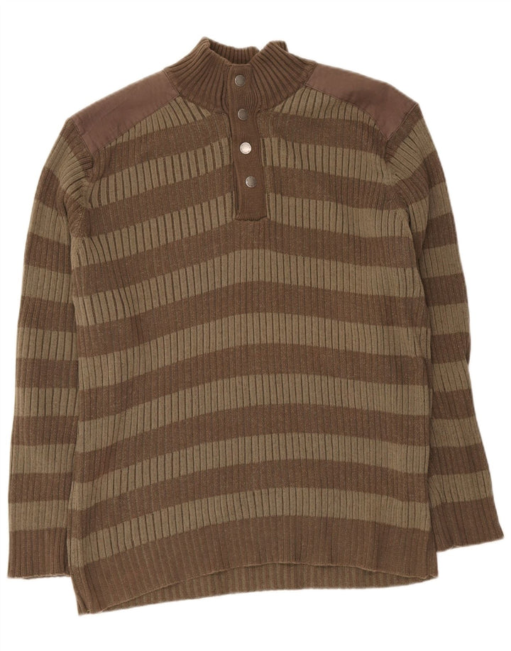 Vintage Herre Button Neck Jumper Sweater XL Brun Stribet