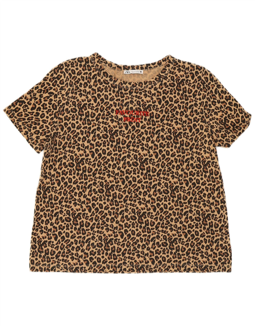 ZARA Dame Crop Grafisk T-Shirt Top UK 16 Stort Beige Animal Print