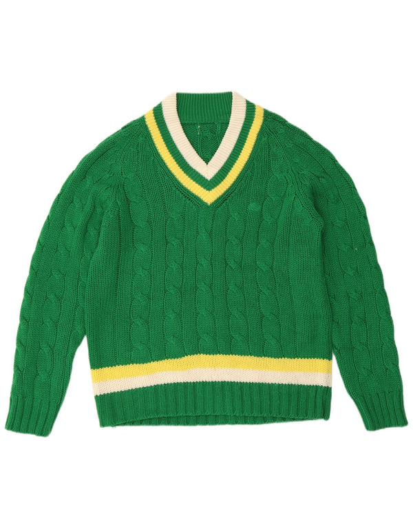 VINTAGE Dame V-hals sweater UK 16 Stor grøn stribet