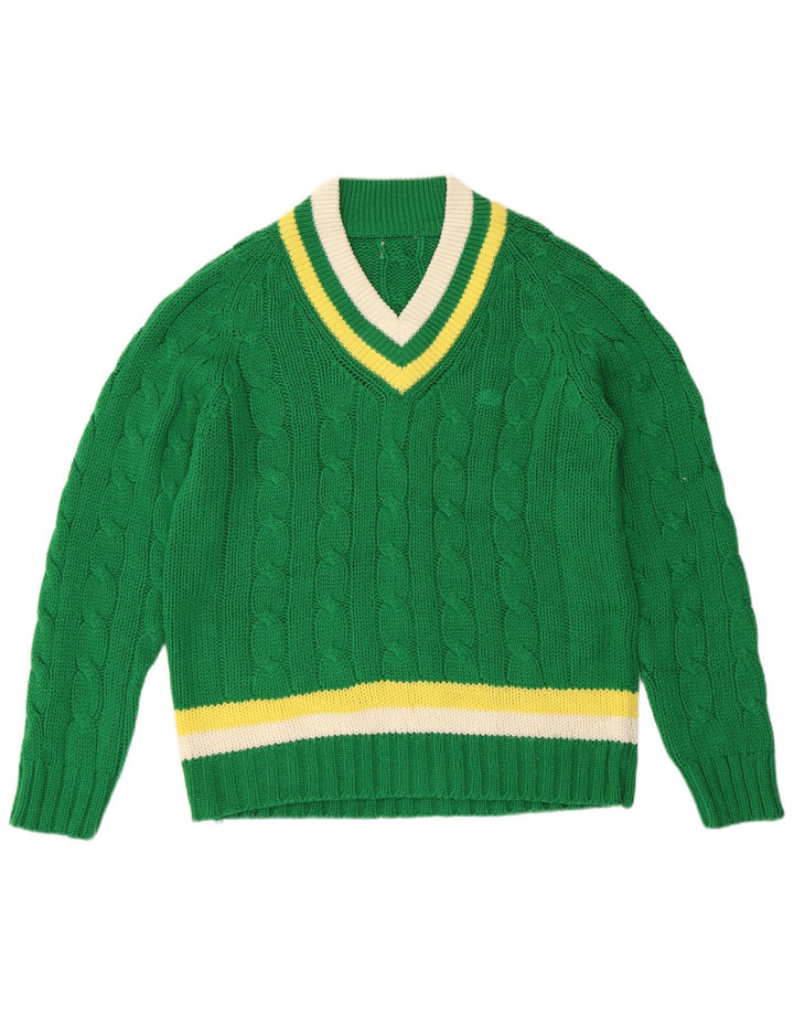 VINTAGE Dame V-hals sweater UK 16 Stor grøn stribet