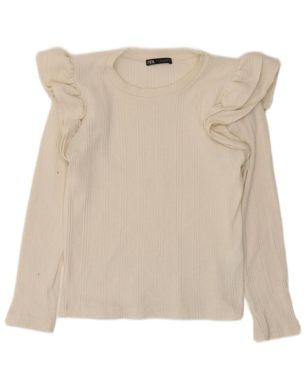 Zara Womens Crop Top Langærmet UK 8 Small Off White Bomuld