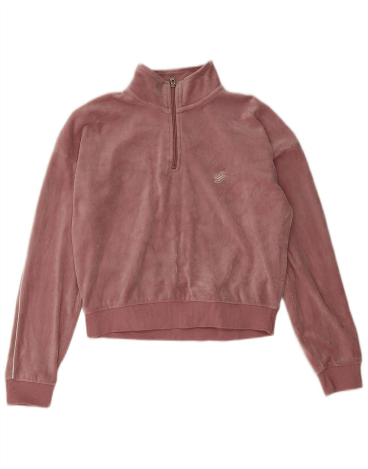 Superdry Womens Oversized Velour Zip Neck Sweatshirt Jumper UK 8 Small Pink