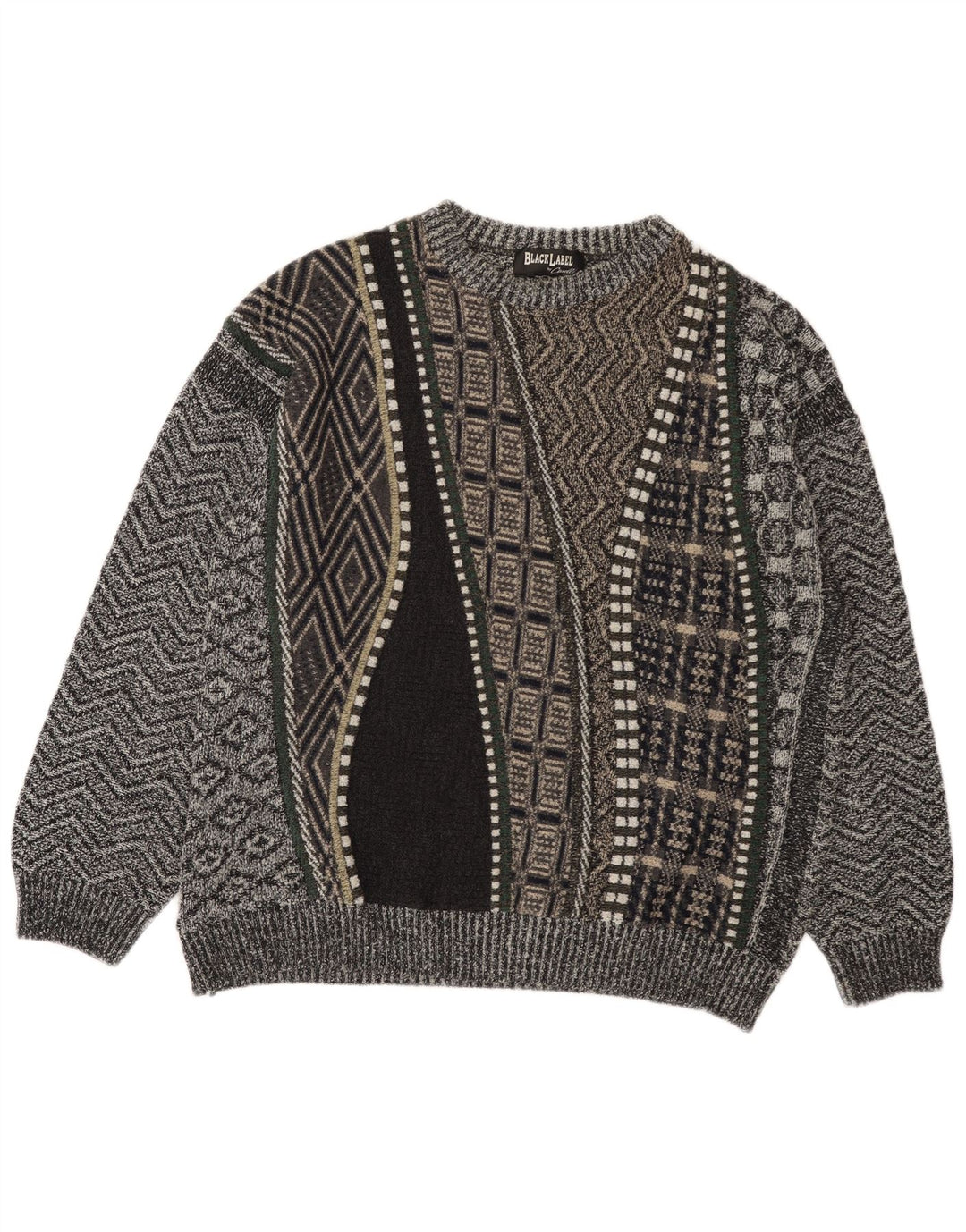 Vintage Herre sweater med rund hals XL Grå Patchwork Alpaca uld