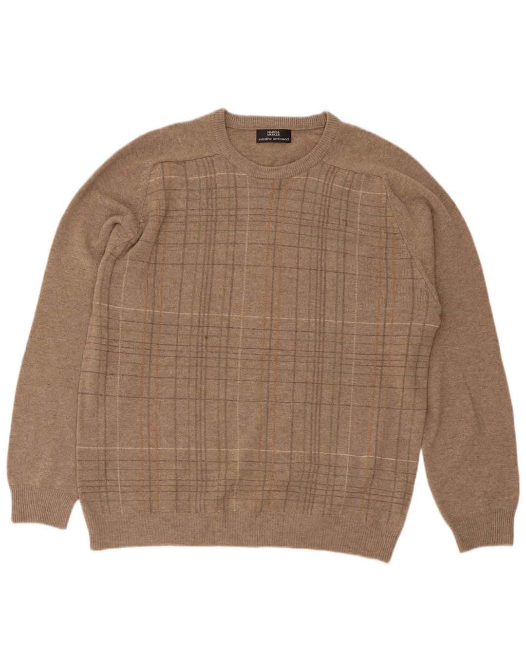 Marks & Spencer Herre sweater med rund hals, medium beige ternet lammeuld