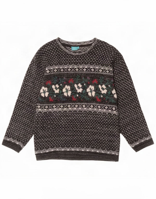 Vintage Dame Boat Neck Jumper Sweater UK 14 Medium Grey Floral Cotton