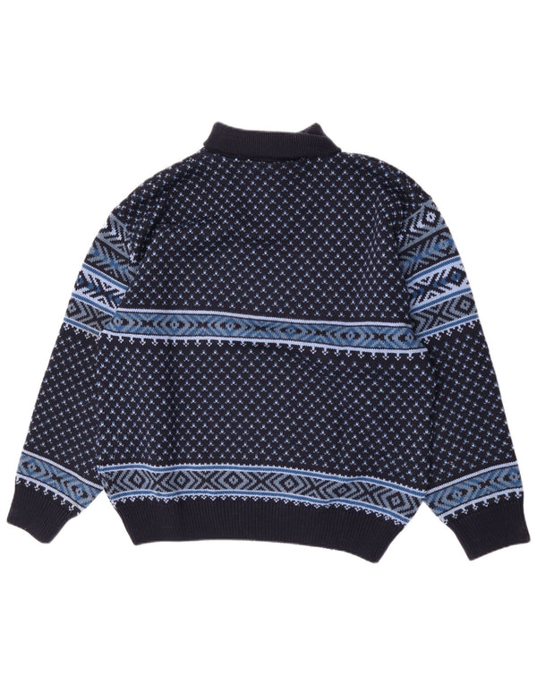 Vintage Herre Zip Neck Jumper Sweater Large Navy Blue Fair Isle Merino Wool