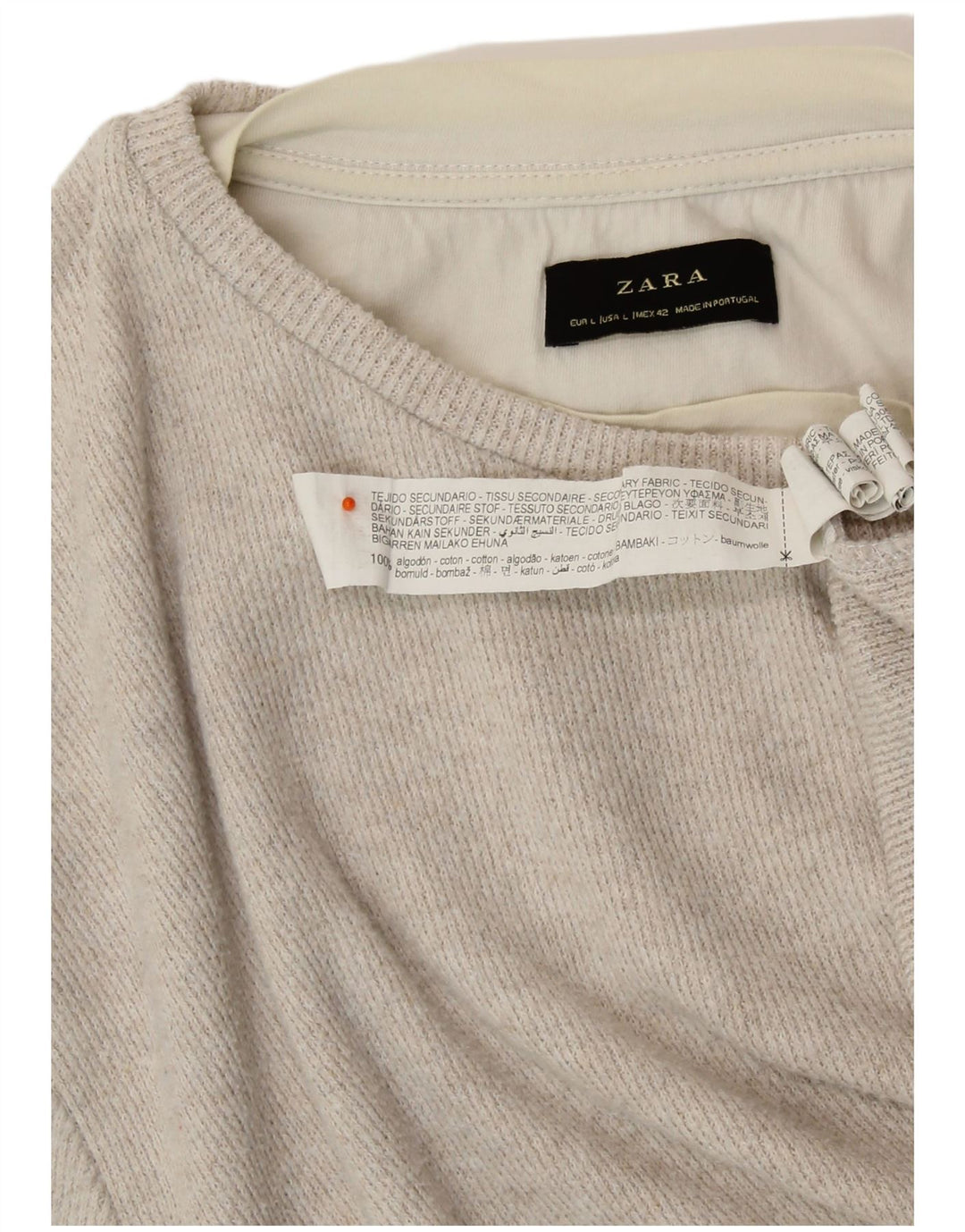 ZARA Dame Top Langærmet UK 16 Stor Beige Bomuld