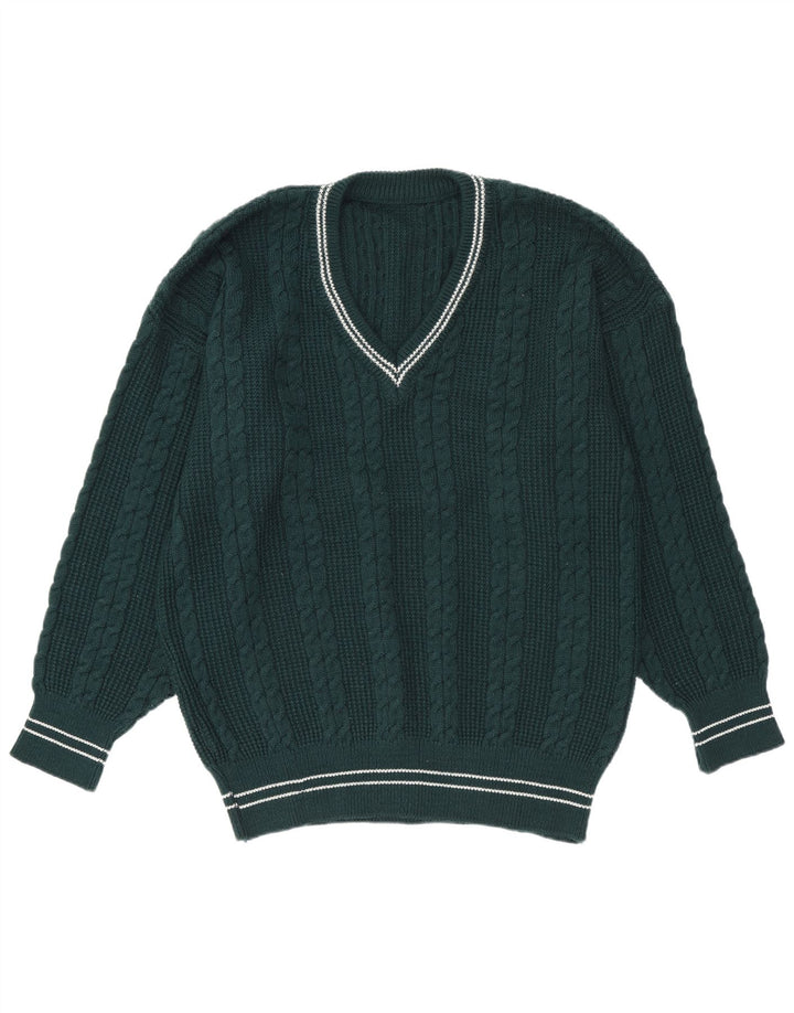 Vintage herre V-hals sweater stor grøn stribet