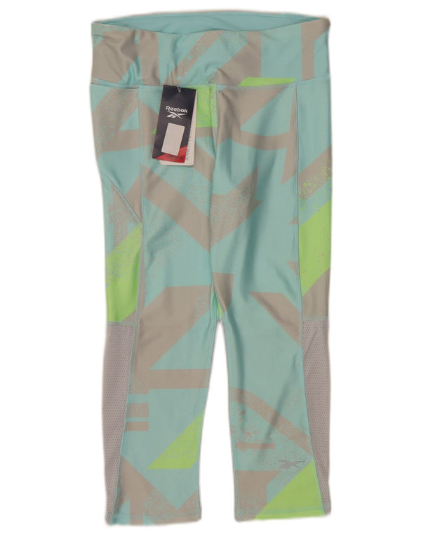 Reebok Dame Capri Leggings UK 12/14 Medium turkis geometrisk polyester