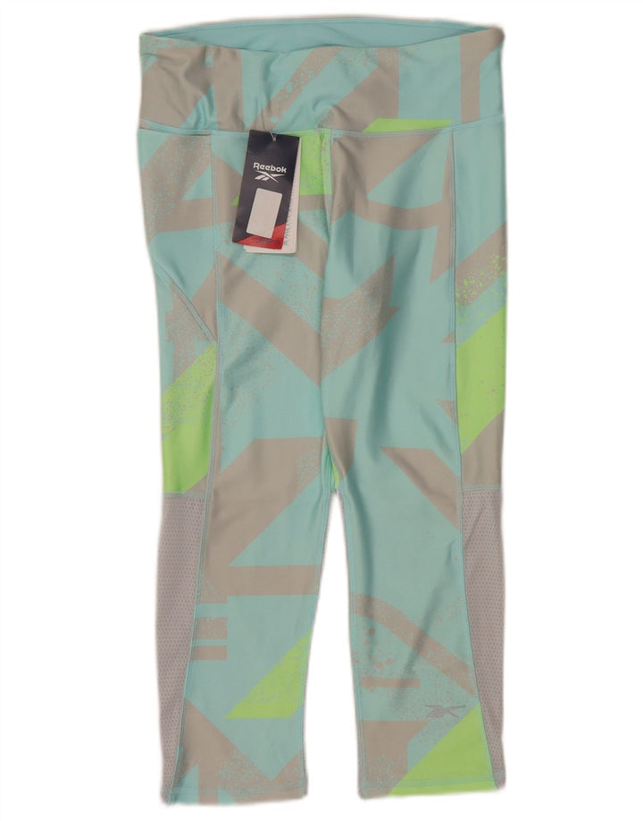 Reebok Dame Capri Leggings UK 12/14 Medium turkis geometrisk polyester