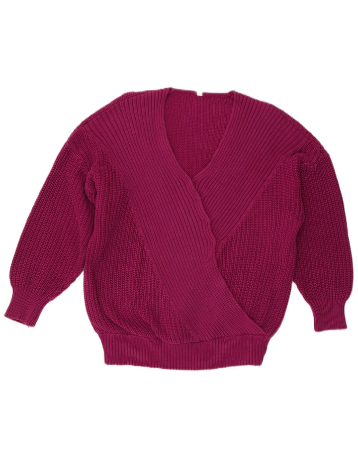 VINTAGE Dame Oversized V-hals sweater EU 40 Medium Lilla Bomuld