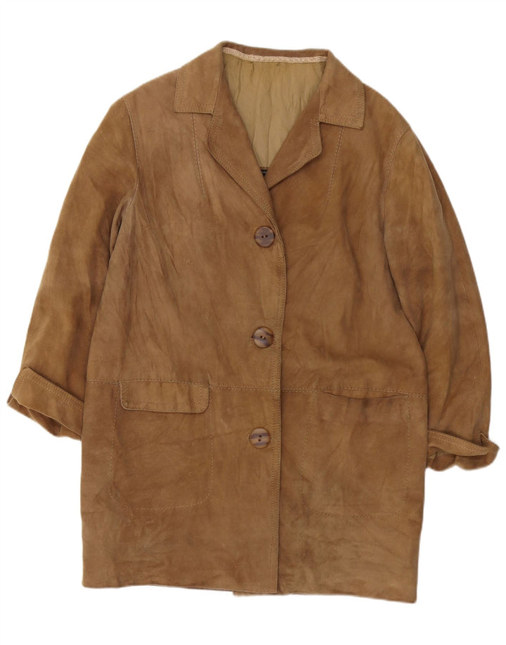 VINTAGE Womens Suede Overcoat UK 16 Large Brown Leather
