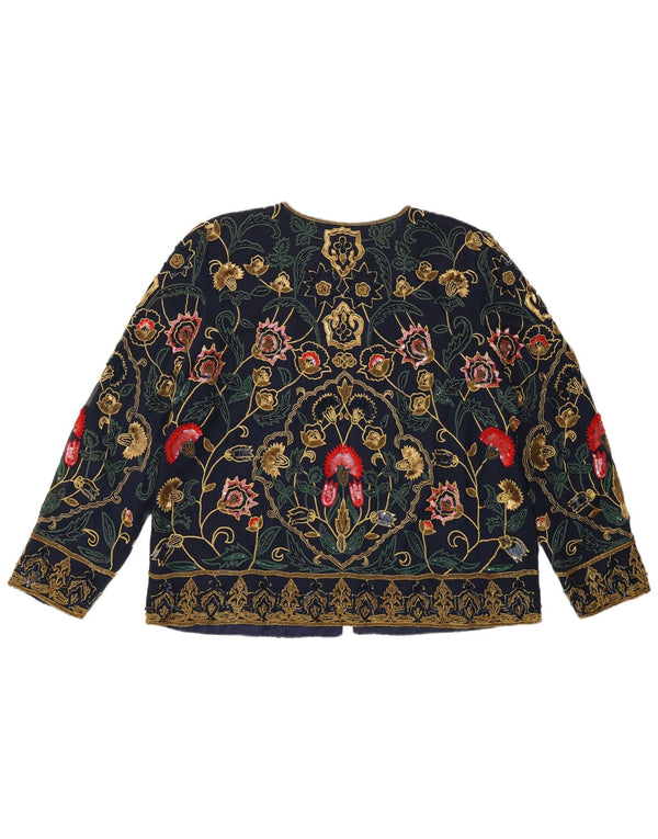 SIDSTE TID Dame Loose Fit Cardigan Top UK 10 Small Navy Blue Floral Silke