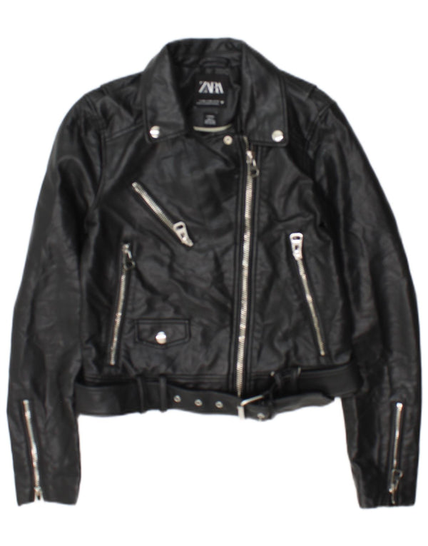 Zara Womens Crop Biker-jakke i imiteret læder UK 6 XS Sort