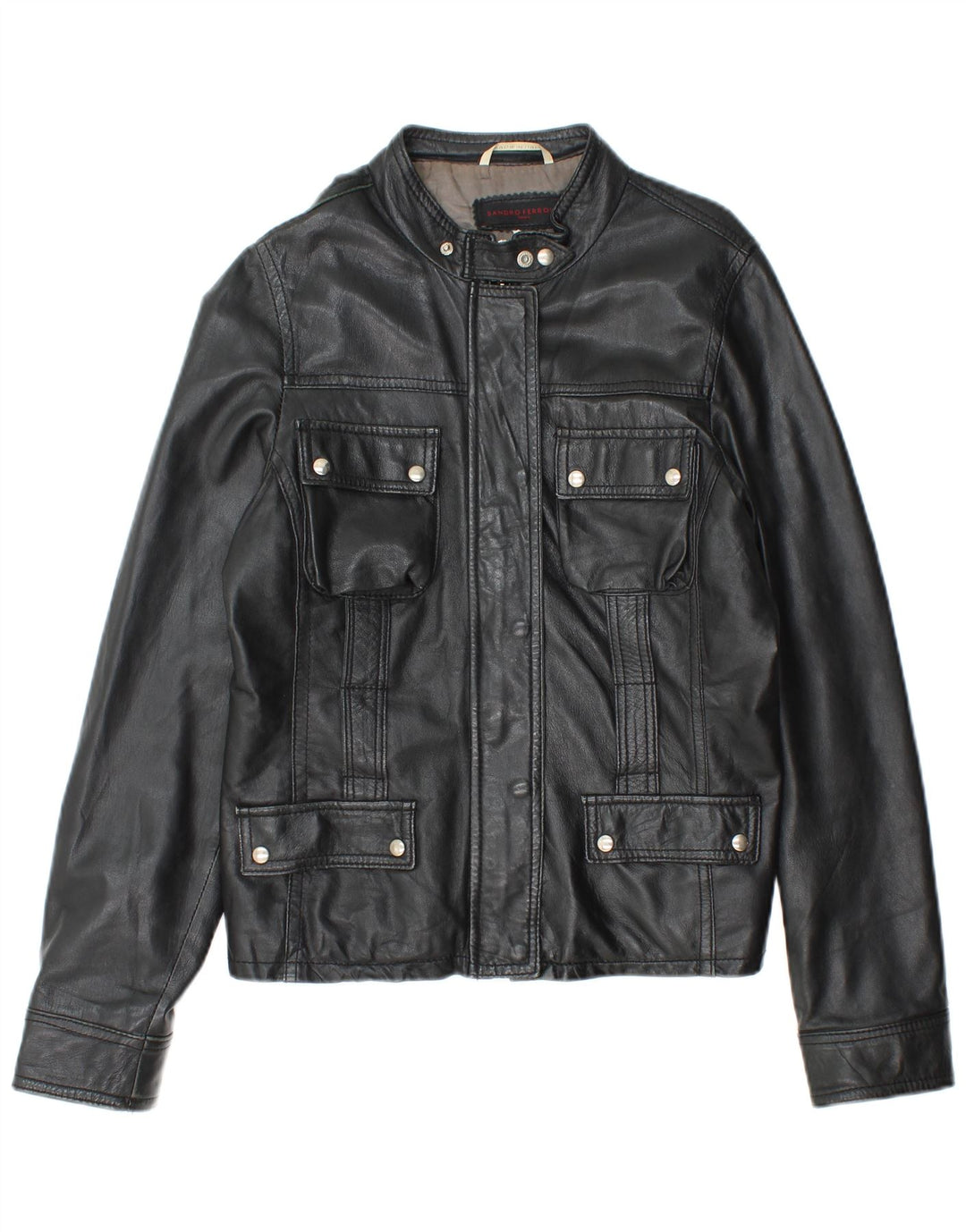 SANDRO FERRONE Dame Læderjakke UK 14 Stor Sort Læder