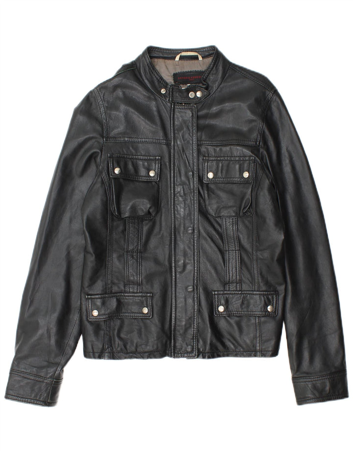 SANDRO FERRONE Dame Læderjakke UK 14 Stor Sort Læder