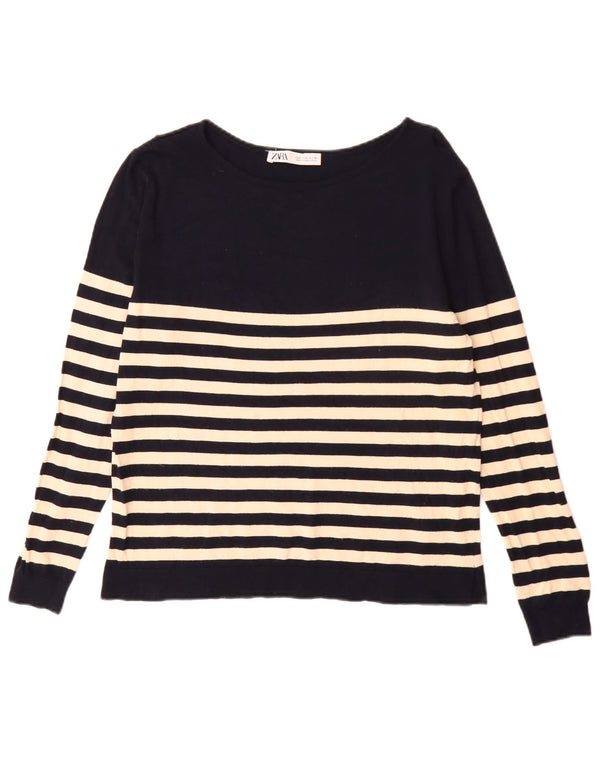 Zara Dame Boat Neck Jumper Sweater UK 10 Small Navy Blue Striped