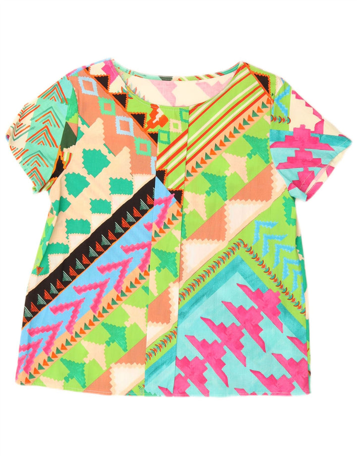 Vintage Dame Shirt Bluse UK 16 Stor Flerfarvet Geometrisk