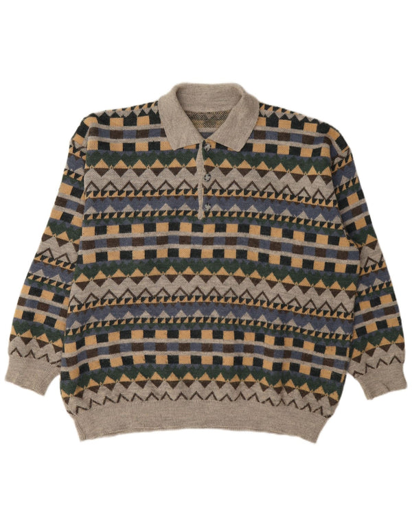 Vintage herre polo hals sweater XL grå geometrisk akryl