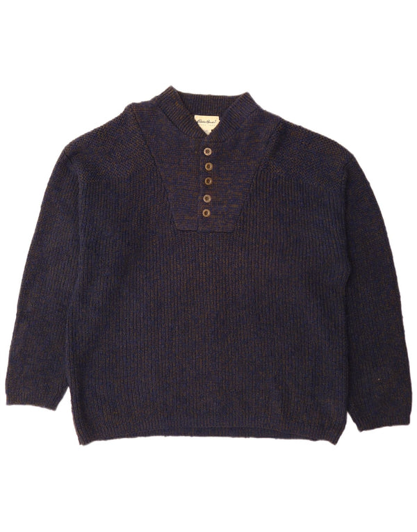 Eddie Bauer Herre Button Neck Jumper Sweater XL Navy Blue Flecked Bomuld