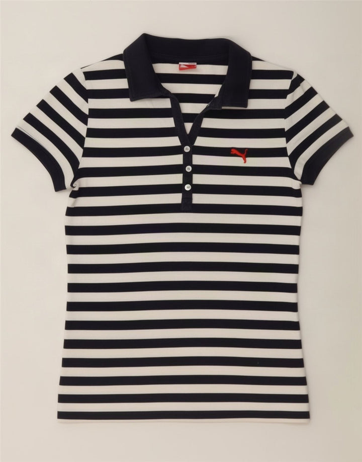 Puma Dame Polo Shirt UK 10 Lille hvid stribet bomuld