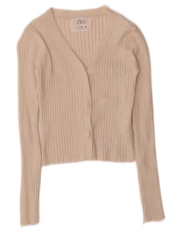 Zara Girls Crop Cardigan Sweater 11-12 År Beige Viscose