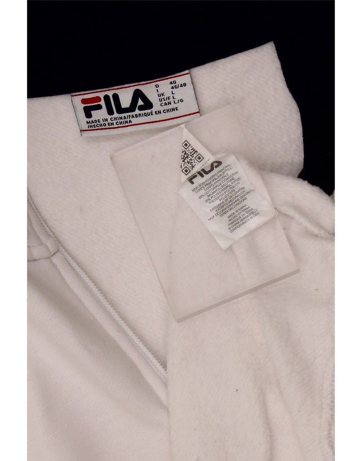 FILA Dame Grafisk Zip Neck Sweatshirt Jumper UK 16 Stor hvid bomuld