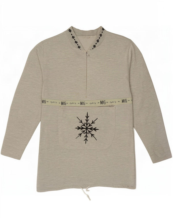 Vintage kvinders grafisk lynlås-hals sweatshirt trøje UK 14 store grå flækkede