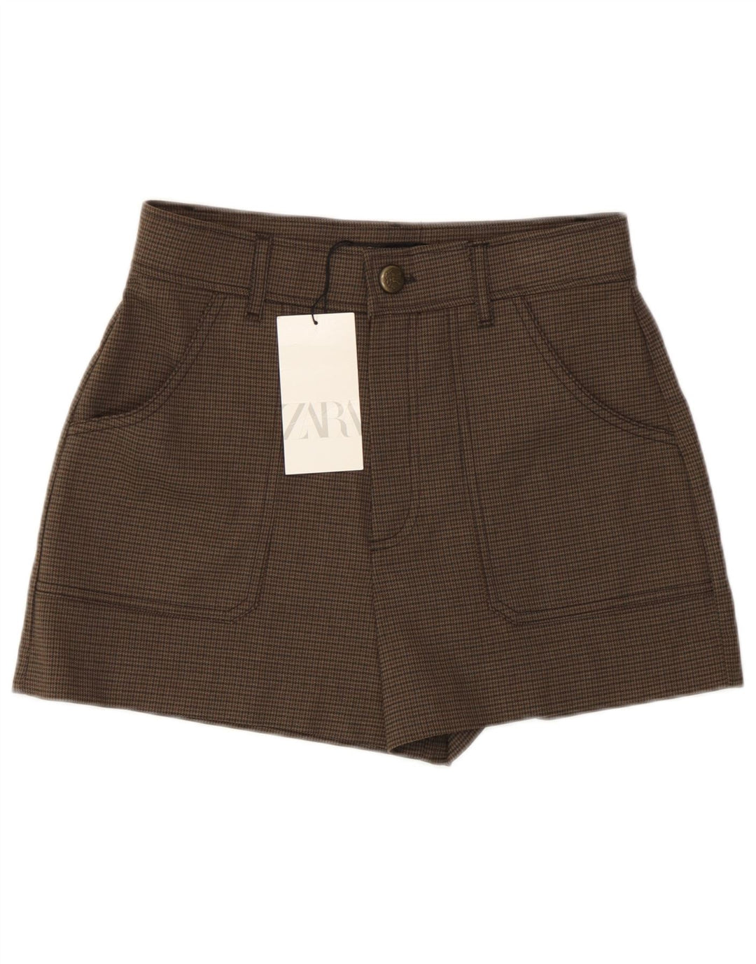 Zara Højtaljede Casual Shorts, Små W26 Brun Houndstooth Polyester, til kvinder