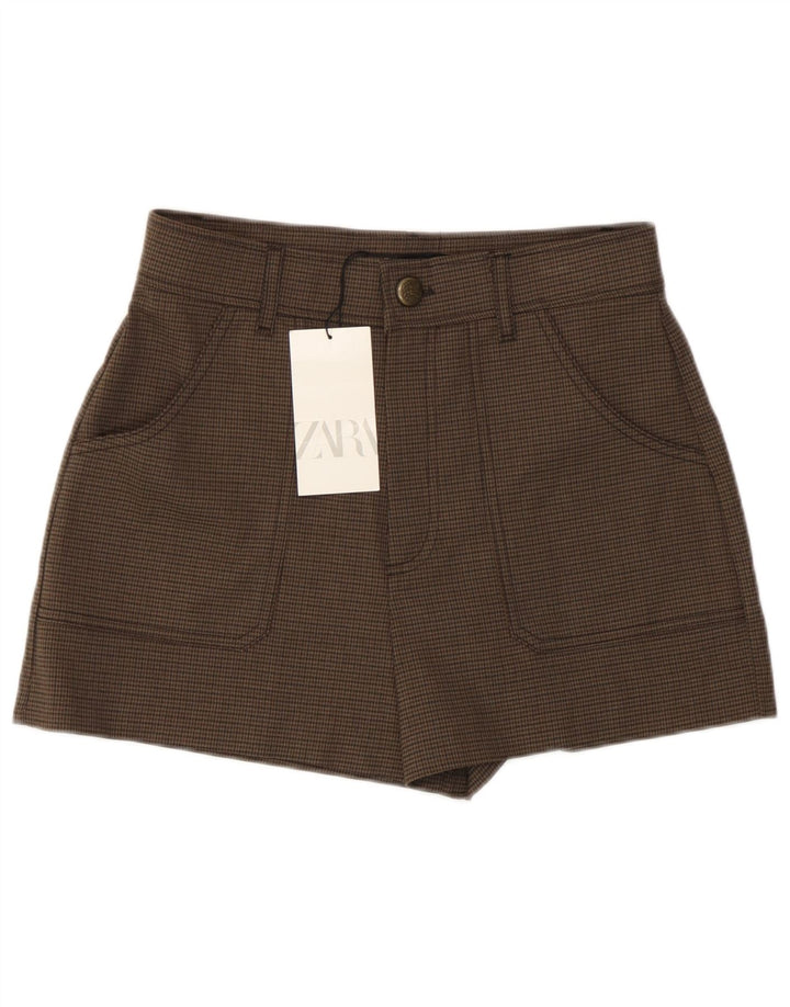 Zara Højtaljede Casual Shorts, Små W26 Brun Houndstooth Polyester, til kvinder