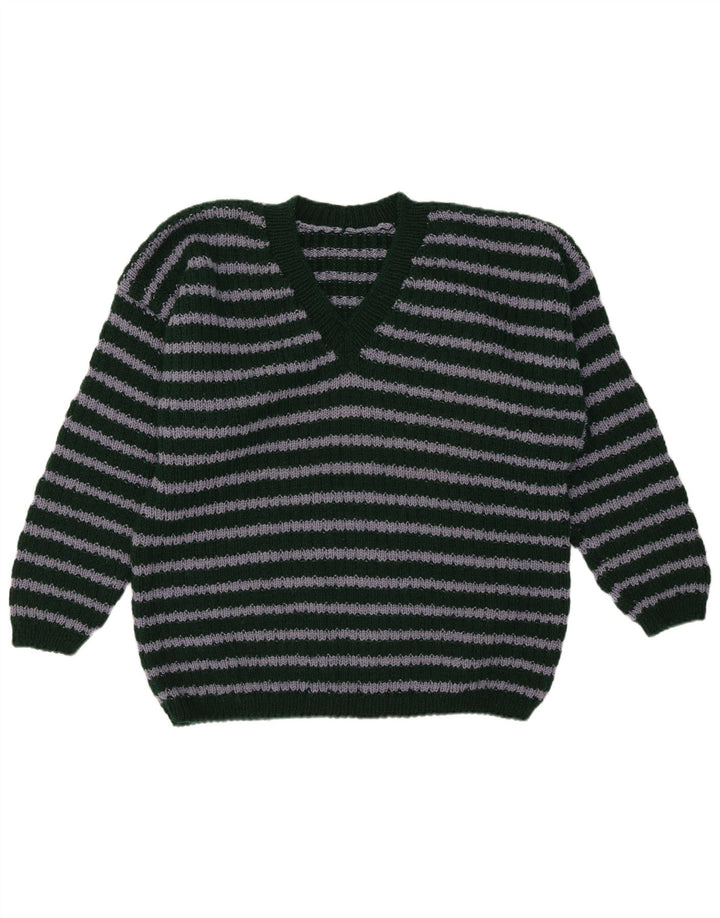 Vintage herre V-hals sweater mellemgrøn stribet