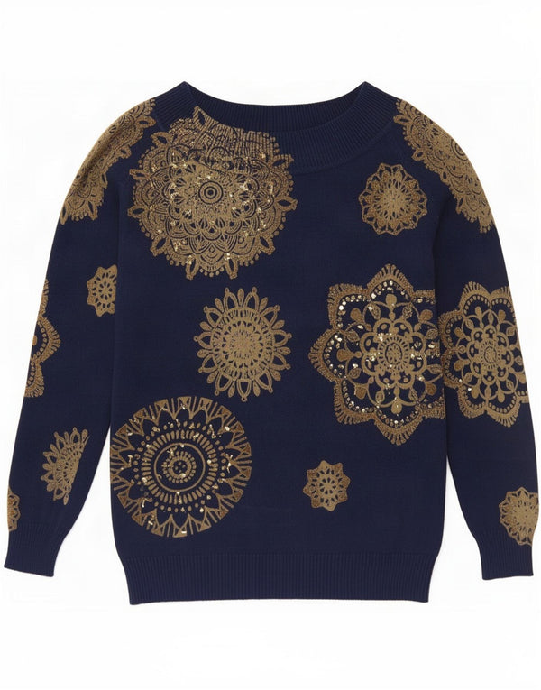 Desigual Womens Boat Neck Jumper Sweater UK 14 Large Navy Blue Geometric
